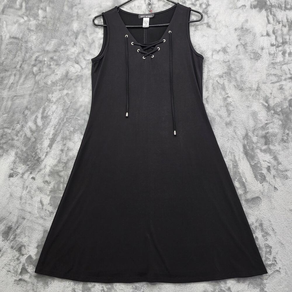 Soft Works Dress Womens S‎ Black Stretch Jersey Sleeveless V-Neck Lace-Up Casual